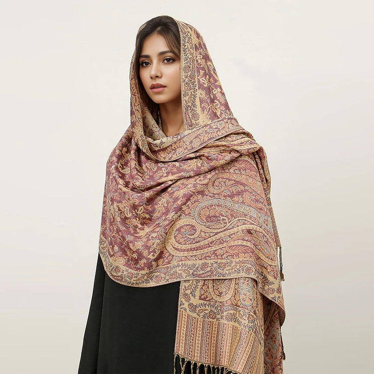Soft and warm cashmere hijab with bohemian print, styled as a headscarf or wrap