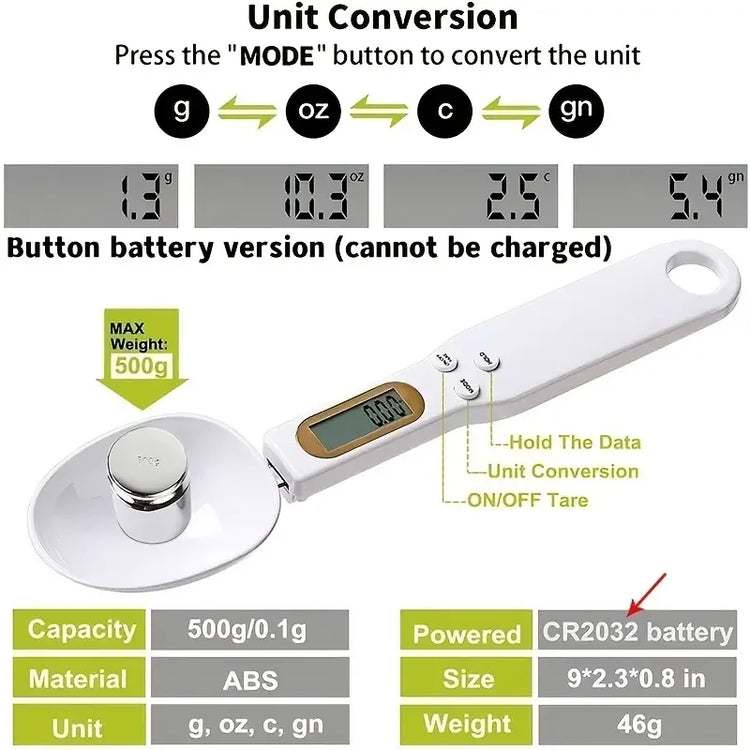Electronic kitchen scale measuring 0.1–500g with detachable spoon