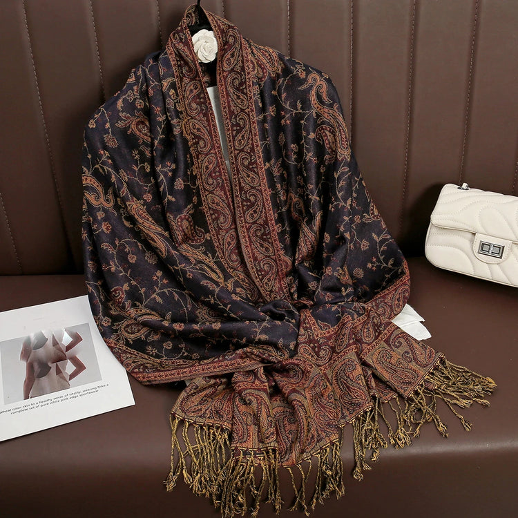 Soft and warm cashmere hijab with bohemian print, styled as a headscarf or wrap