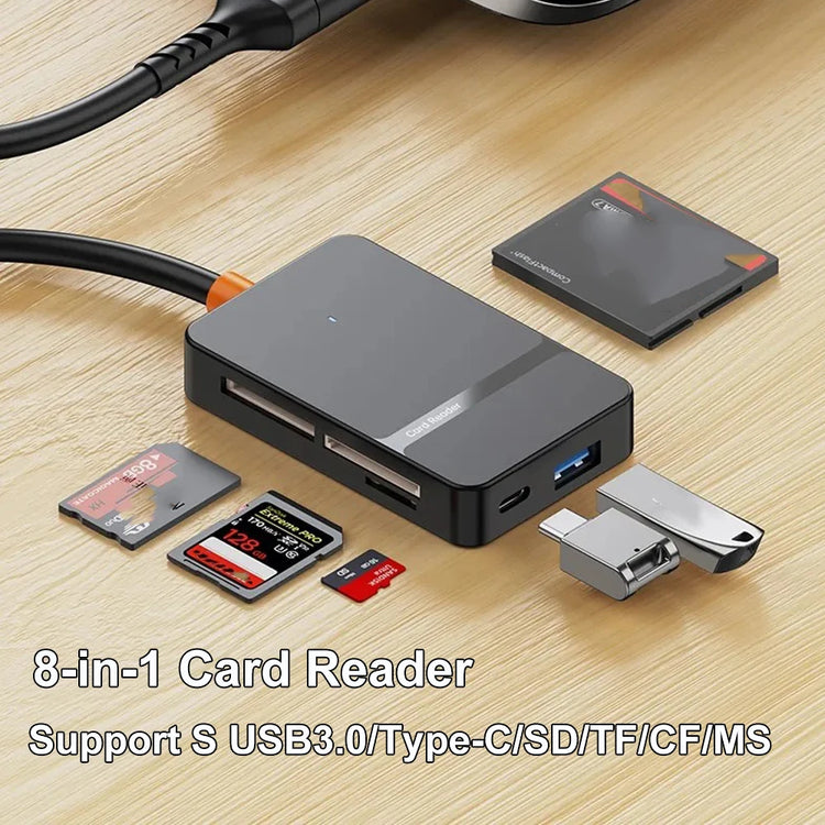 8-in-1 card reader adapter for laptop and PC with high-speed USB 3.0 connection