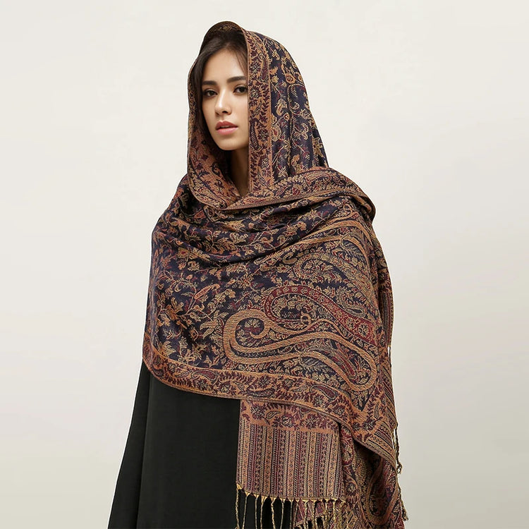 Soft and warm cashmere hijab with bohemian print, styled as a headscarf or wrap