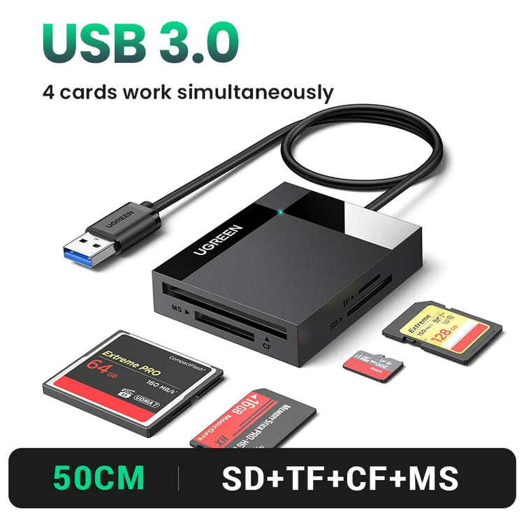 UGREEN 4-in-1 USB 3.0 and USB-C card reader for SD, Micro SD, CF, and MS cards