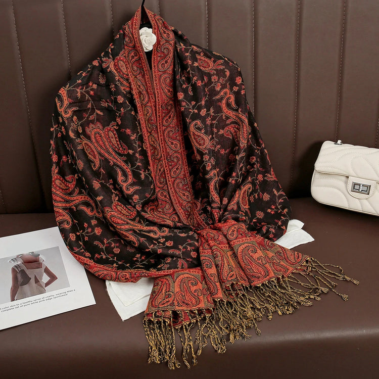 Soft and warm cashmere hijab with bohemian print, styled as a headscarf or wrap