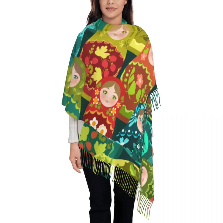 Soft and cozy scarf with colorful Matryoshka doll design