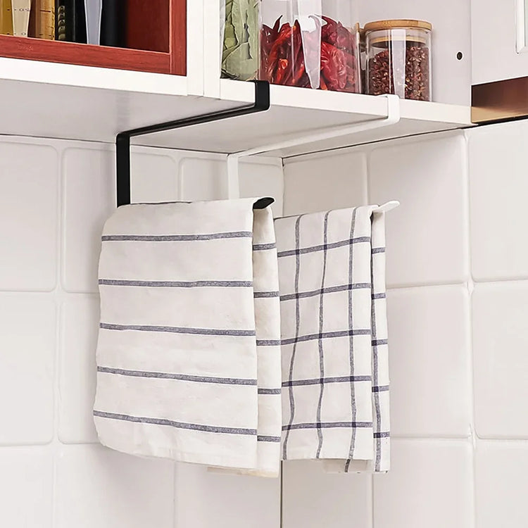 Compact kitchen rack for organizing paper towels, plastic wrap, and rags