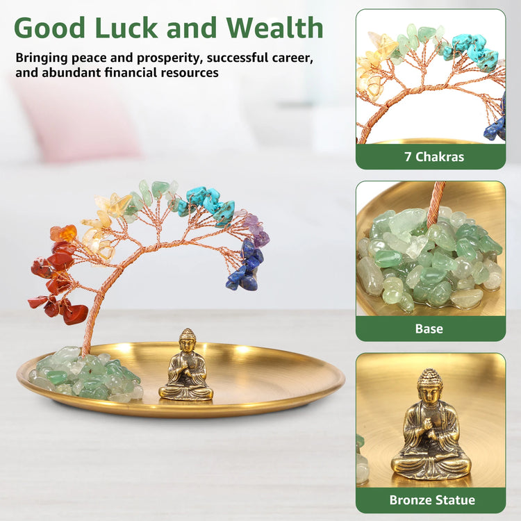Decorative chakra crystal tree with Buddha figurine for enhancing positive energy in living areas