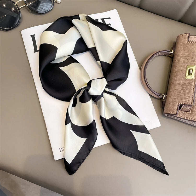 Luxury brand silk plaid square scarf for women, styled as a neck or hair tie