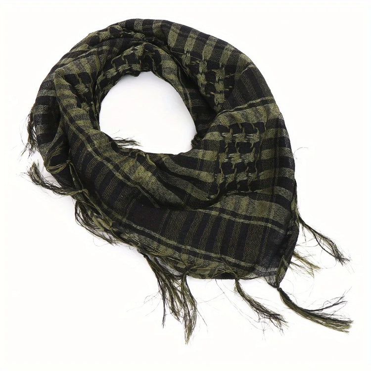 Arab shemagh scarf with traditional houndstooth pattern, styled as a face and neck wrap for sun protection