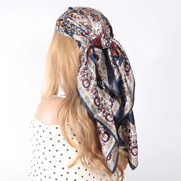 Luxury brand silk scarf for women, 90x90cm square, worn as a summer hijab or hair wrap