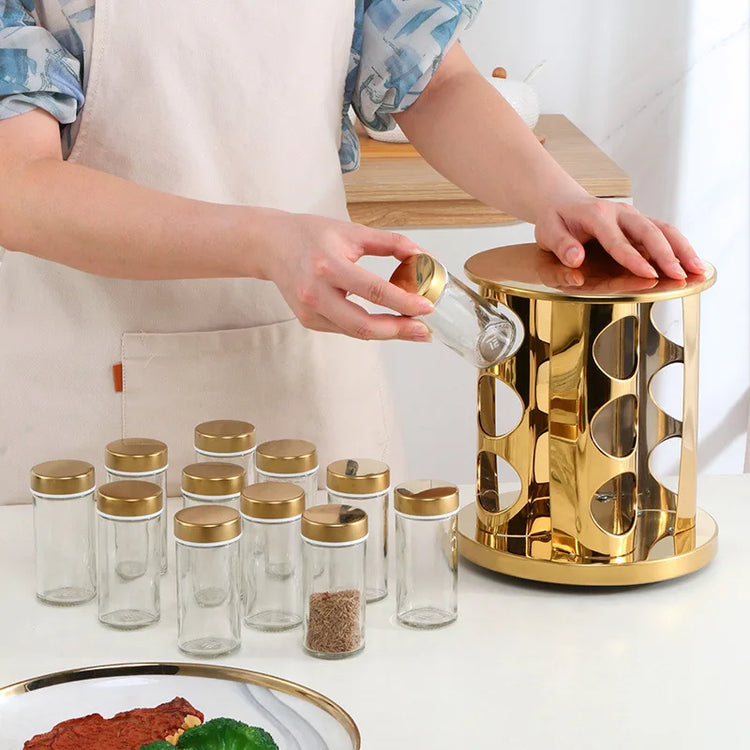 12-piece spice jar set with rotating rack, ideal for herbs and condiments