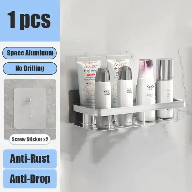 Waterproof aluminum shower shelf for organizing bath products without drilling