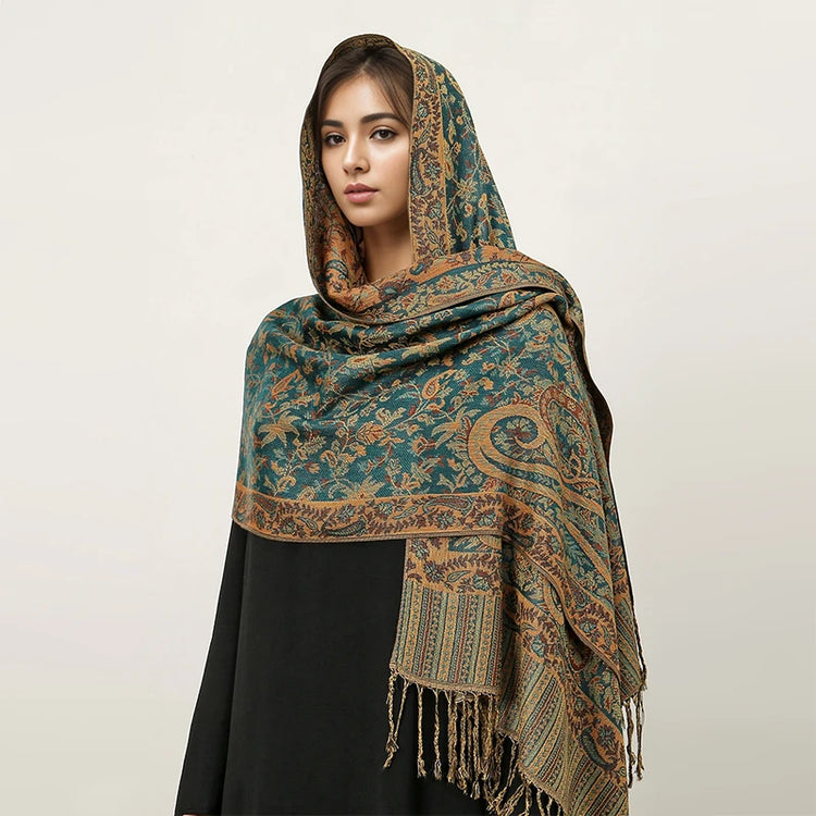 Soft and warm cashmere hijab with bohemian print, styled as a headscarf or wrap