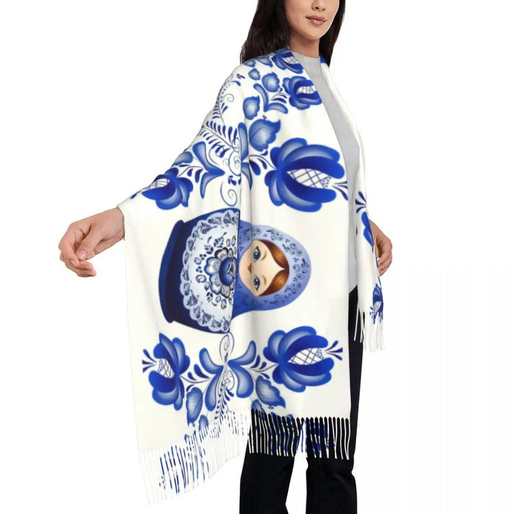 Soft and cozy scarf with colorful Matryoshka doll design