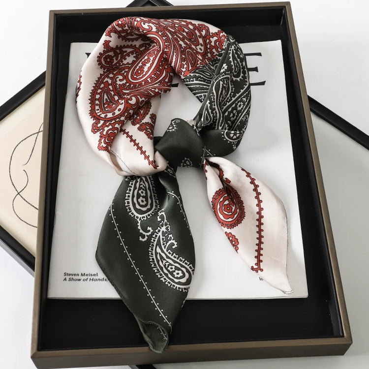 Luxury brand silk plaid square scarf for women, styled as a neck or hair tie