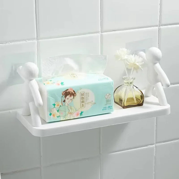Self-adhesive plastic bathroom shelf for shampoo and towel storage