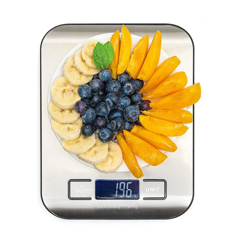 Electronic food weighing scale with tare function and backlit LCD screen