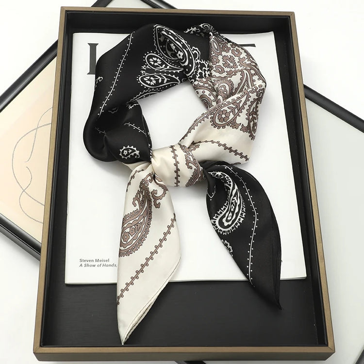 Luxury brand silk plaid square scarf for women, styled as a neck or hair tie
