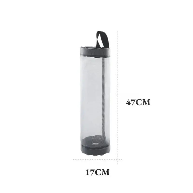 Hanging grey nylon bag holder for organizing plastic bags under cabinets or on walls