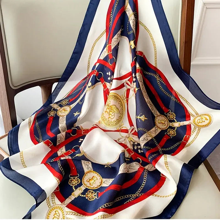 Elegant satin bandana scarf styled as a head wrap for women