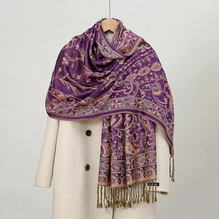 Soft and warm cashmere hijab with bohemian print, styled as a headscarf or wrap