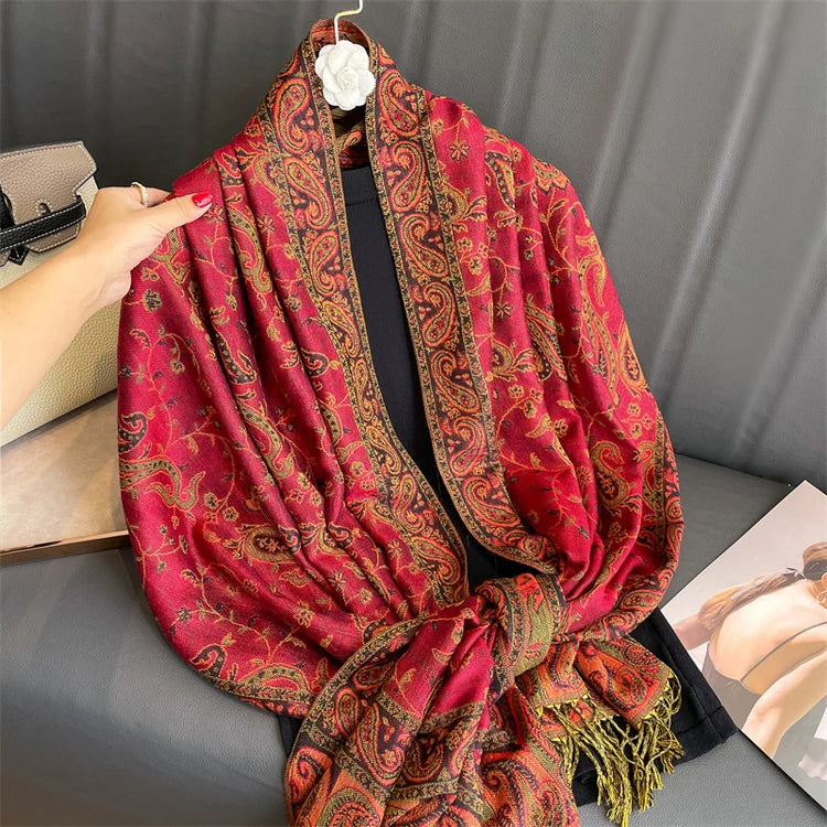 Soft and warm cashmere hijab with bohemian print, styled as a headscarf or wrap