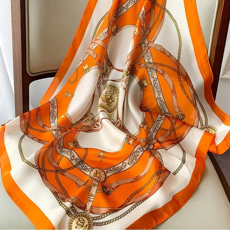 Elegant satin bandana scarf styled as a head wrap for women