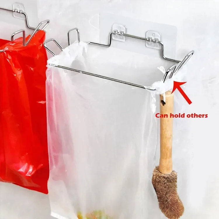 Space-saving kitchen trash rack for cabinet door garbage bag organization