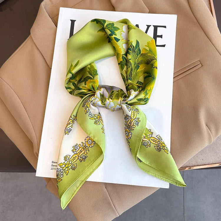 Luxury brand silk plaid square scarf for women, styled as a neck or hair tie