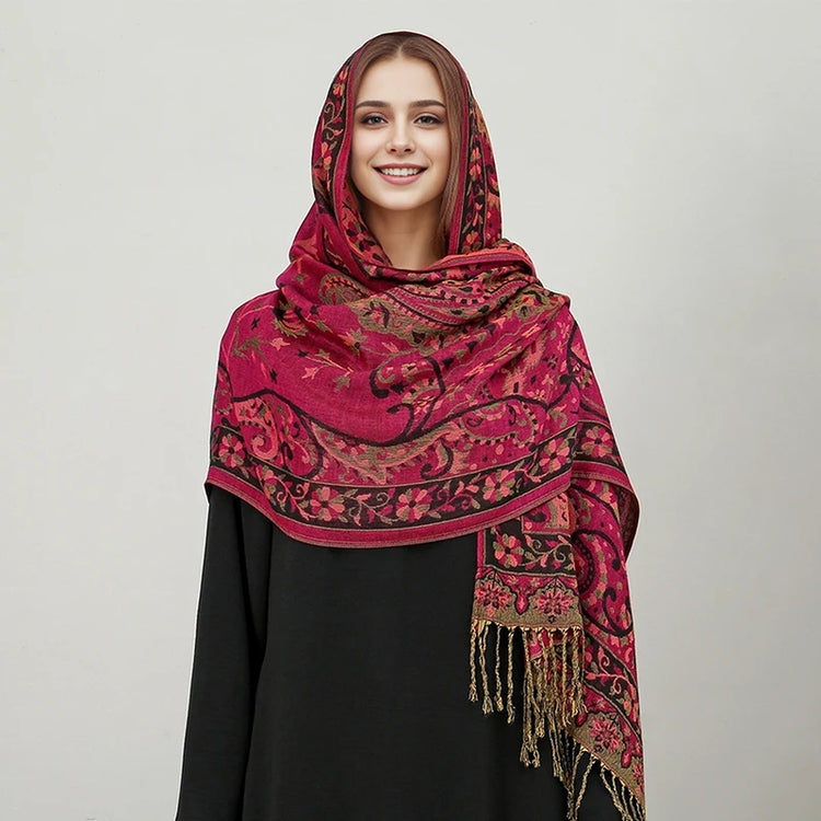 Soft and warm cashmere hijab with bohemian print, styled as a headscarf or wrap