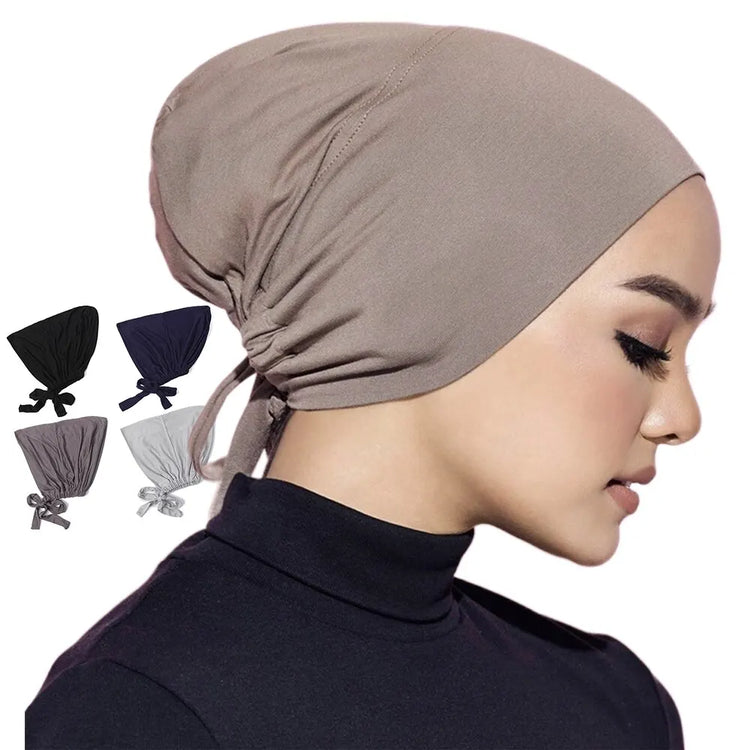 Soft elastic modal underscarf in beige, providing comfortable fit under hijabs for Muslim women