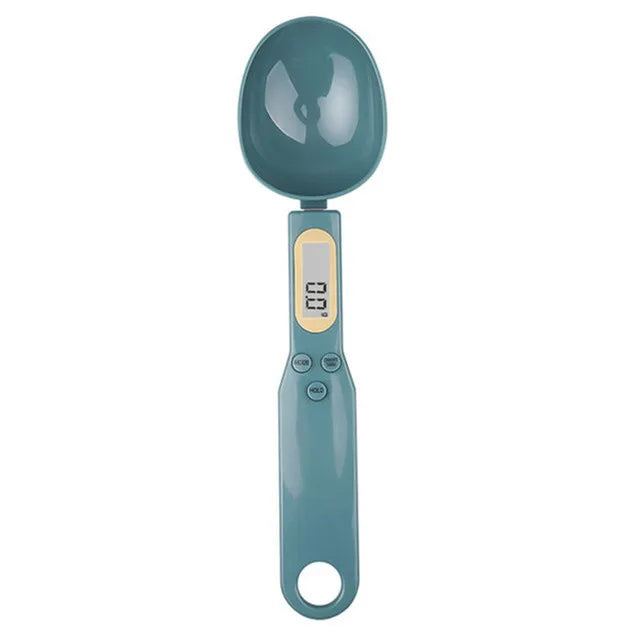 Electronic kitchen scale measuring 0.1–500g with detachable spoon