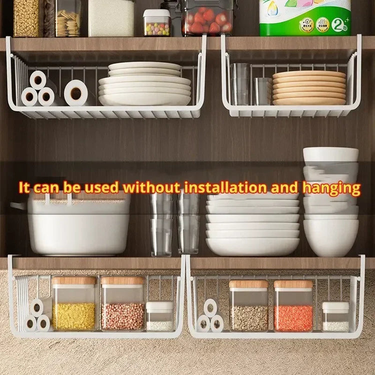 Large-capacity under-cabinet storage basket in white iron mesh