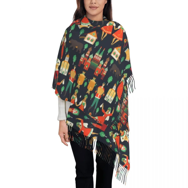 Soft and cozy scarf with colorful Matryoshka doll design