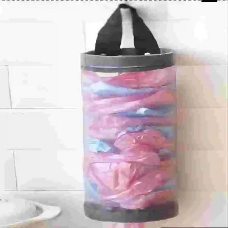Hanging grey nylon bag holder for organizing plastic bags under cabinets or on walls