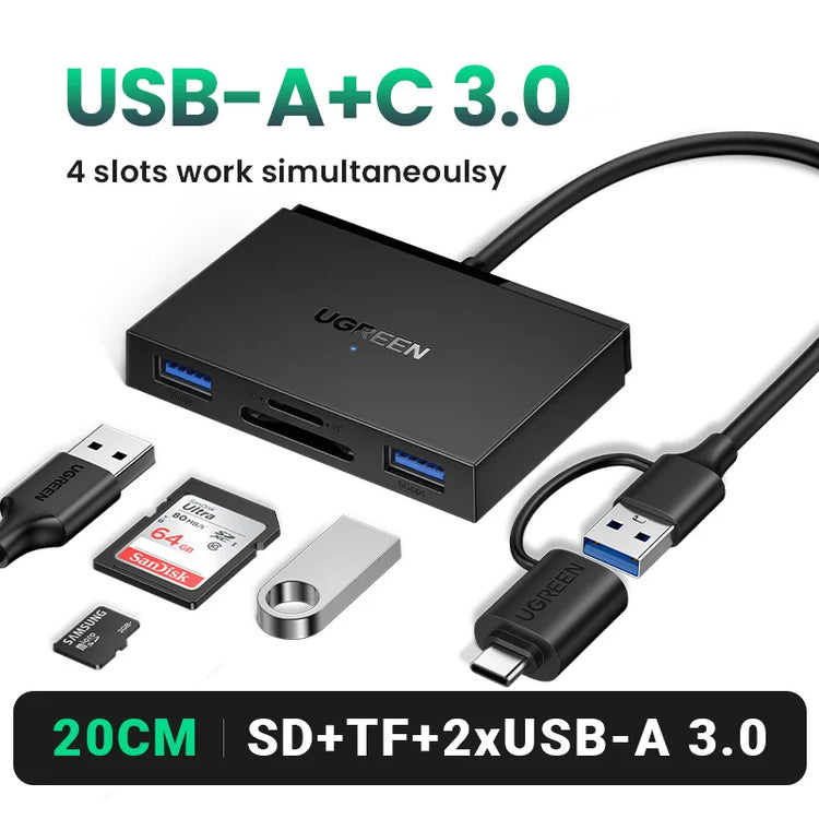 UGREEN 4-in-1 USB 3.0 and USB-C card reader for SD, Micro SD, CF, and MS cards