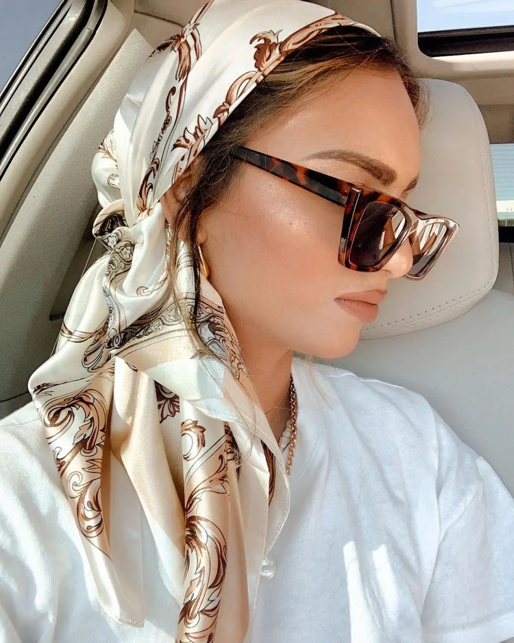 Luxury brand silk scarf for women, 90x90cm square, worn as a summer hijab or hair wrap