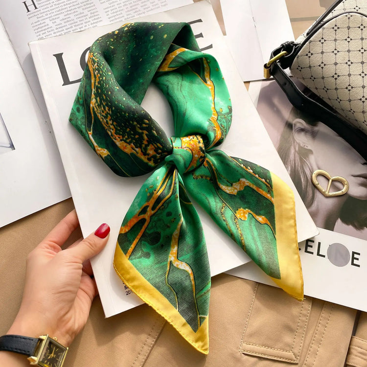 Luxury brand silk plaid square scarf for women, styled as a neck or hair tie