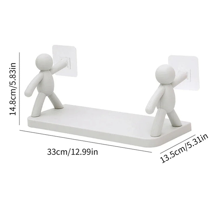 Self-adhesive plastic bathroom shelf for shampoo and towel storage