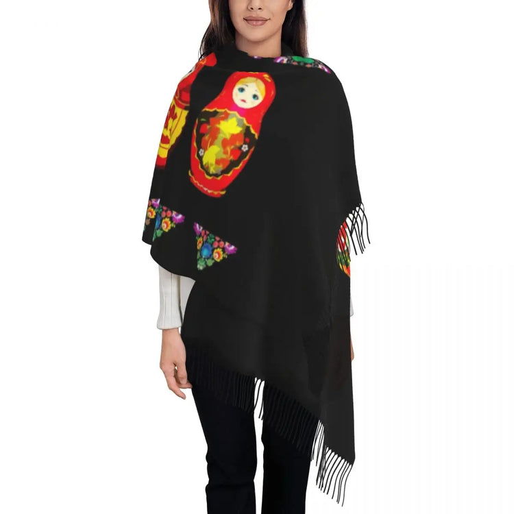 Soft and cozy scarf with colorful Matryoshka doll design