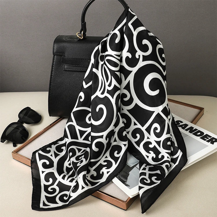Luxury brand silk plaid square scarf for women, styled as a neck or hair tie