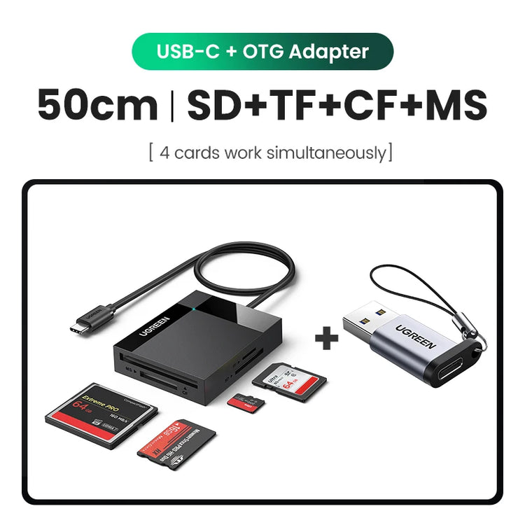 UGREEN 4-in-1 USB 3.0 and USB-C card reader for SD, Micro SD, CF, and MS cards