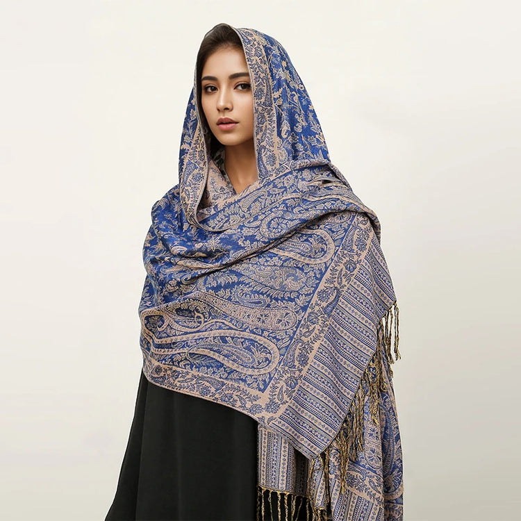 Soft and warm cashmere hijab with bohemian print, styled as a headscarf or wrap