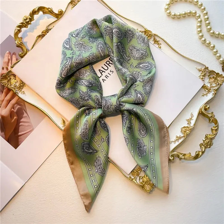 Elegant satin bandana scarf styled as a head wrap for women