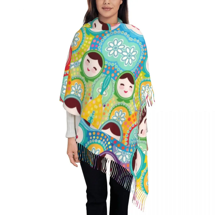 Soft and cozy scarf with colorful Matryoshka doll design