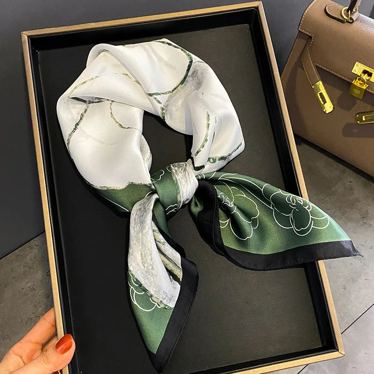 Luxury brand silk plaid square scarf for women, styled as a neck or hair tie