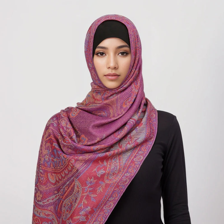Soft and warm cashmere hijab with bohemian print, styled as a headscarf or wrap