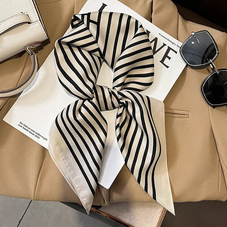 Luxury brand silk plaid square scarf for women, styled as a neck or hair tie