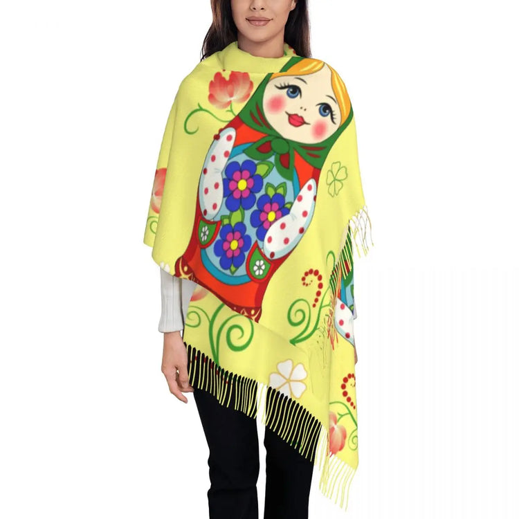 Soft and cozy scarf with colorful Matryoshka doll design