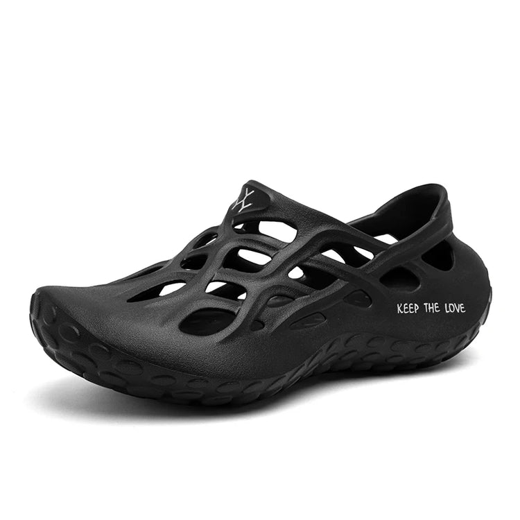 Men’s lightweight EVA clogs with ventilation holes in white, red, and blue