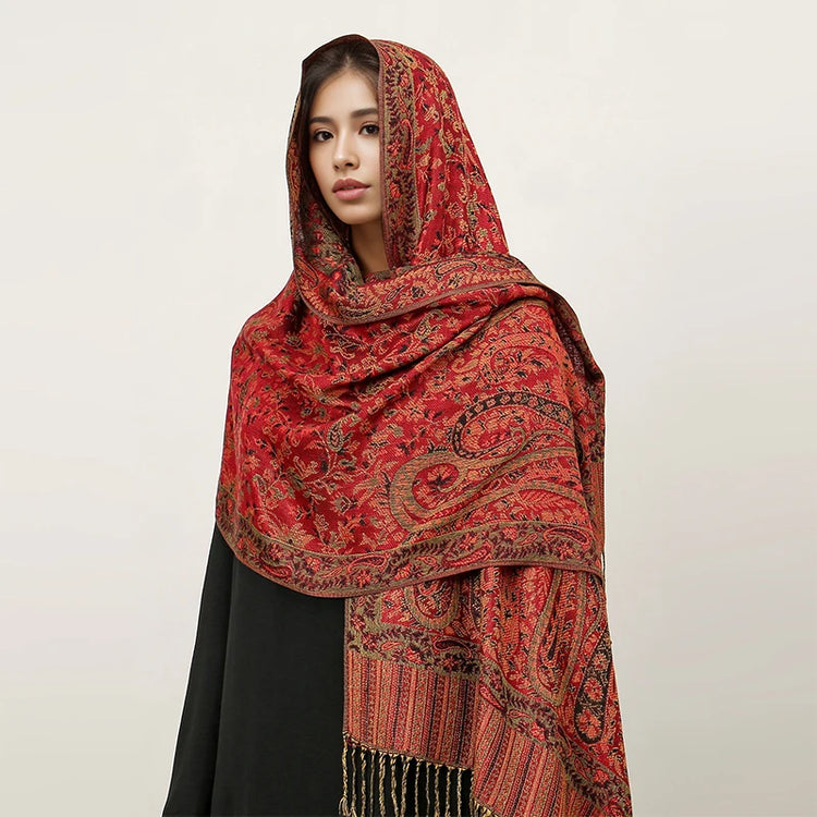 Soft and warm cashmere hijab with bohemian print, styled as a headscarf or wrap